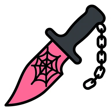 gothic knife, black and pink, with spiderweb design and silver chains, color outline icon style sticker