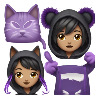 Human with cat whiskers and black/white hair divided in the middle, dressed in a black hoodie with cat ears and Lilia ear muffs and purple ribbons, eye color also purple. sticker