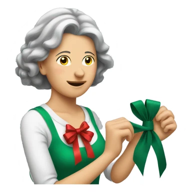 Middle aged woman learning how to tie a Christmas bow sticker