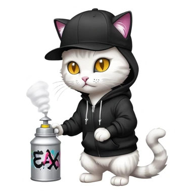 cat wearing a black snapback cap and black hoodie doing graffiti art with spray paint, street art style sticker