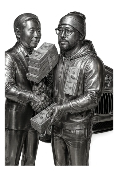 Edit the image to have just one stack of money being held between the two men shaking hands. Keep the chrome style, Maybach in the background, and transparent background. All other details remain the same. sticker