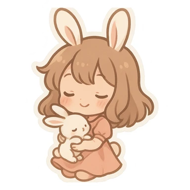 chibi stickers style bunny girl holding a baby bunny, sweet and gentle sticker