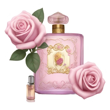 Aesthetic composition of soft pink roses with a vintage-style purple perfume bottle.
 sticker