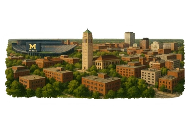 cinematic realistic emoji of Ann Arbor, Michigan, panoramic cityscape with University of Michigan campus, Michigan Stadium, Burton Memorial Tower, downtown Ann Arbor, lifelike detail, accurate colors, bright daylight, no sky, no clouds sticker