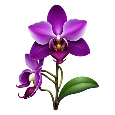 Cinematic Realistic Orchid Emoji, Exotic and elegant, with intricate, velvety petals in deep purple and white, forming a delicate and symmetrical blossom. The slender green stem holds the flower high, while surrounding leaves add lush contrast. Soft glowing outline, capturing the essence of rare beauty and sophistication in a captivating orchid. sticker