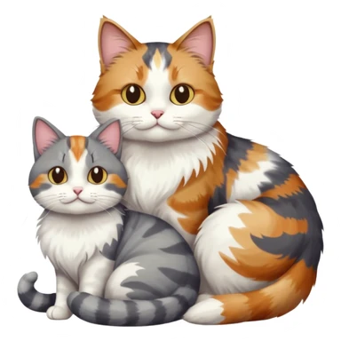 full body colourful light patched calico + white tabby cat cuddling a large grey and white cat  sticker
