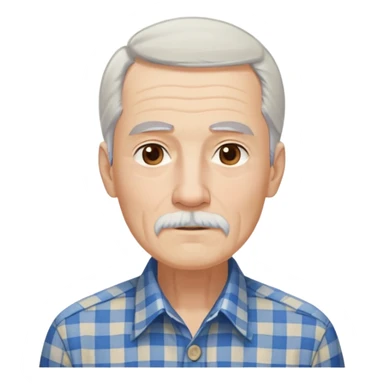 Thin elderly man with light skin. Elongated face with kind expression. Light brown eyes. Thin eyebrows. White goatee and white mustache. Very long, straight fine gray-white hair that reaches shoulders, with some bangs. Slim build. Wearing a blue and beige checkered button-up shirt. sticker