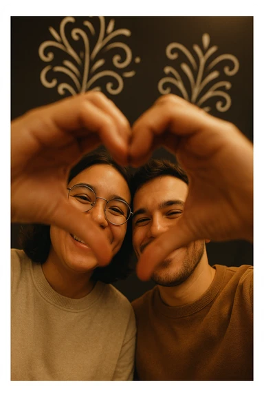 Two smiling people taking a selfie from a low angle, faces framed by their hands forming a heart shape in the foreground. One person wears round glasses, the other has a small beard and a mischievous smile. Hands joined at the center forming a clearly visible heart. Soft lighting, warm ambiance. White graphic decor on a dark background. sticker