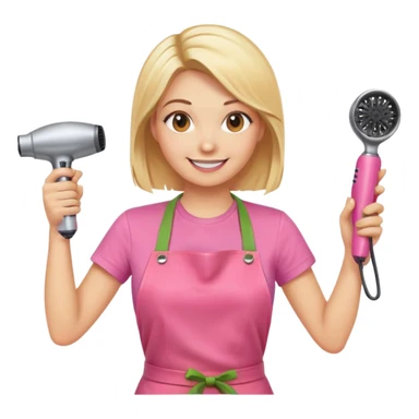 smiling blonde woman hairstylist wearing pink t-shirt and orange apron, hands raised, holding scissors and hairdryer clearly visible sticker