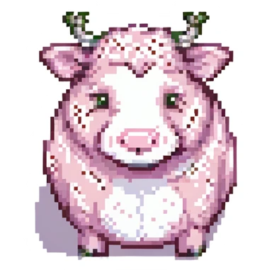 strawberry cow, pixel art style, small and chubby, pink and white, with strawberry patterns sticker