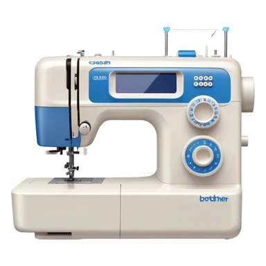 Modern Brother-style computerized sewing machine emoji, white and light gray with a blue thread spool, small LCD screen and round dial, three-quarter view, soft gradients and shadows in Apple emoji style, plain light background. sticker
