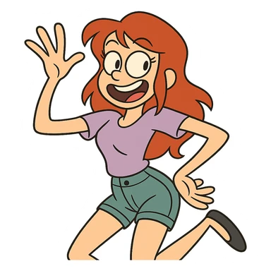 red-haired girl in a playful pose, cartoonish and exaggerated sticker