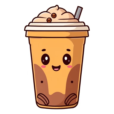 brown milk tea with a happy expression and boba pearls, soft mocha pastel tones, kawaii sticker