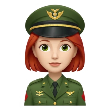 iOS Memoji style, white woman, red hair, green military officer uniform, peaked cap, 3D render, white background. sticker