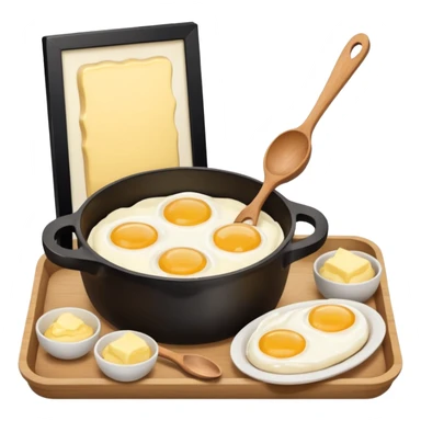 A carton of eggs, butter and a cream ceramic baking bowl with a wooden spoon in it sticker