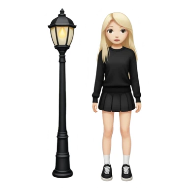 девушка с русыми длинными волосами,  в черной короткой юбке и вязаной черной кофте с дырками, в белых кедах рядом с фонарным столбом sticker