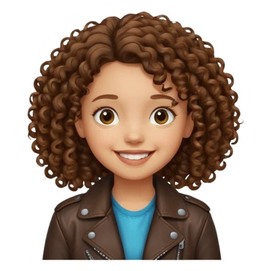 girl kid curly brown hair wear leather jacket, smile happy sticker