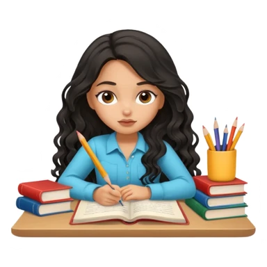 a pretty tan bratz girl with black wavy long hair studying. Pile of books on the table. No glasses. Looks tired sticker