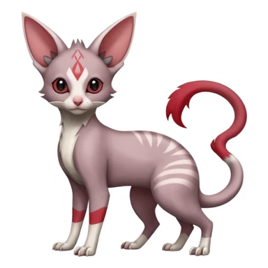 Minccino-Lykoi-Emolga-Sphynx-Linoone-Zangoose-fusion-hybrid-animal-Fakémon-creature, full body, thin long sleek scaly tail, intricate markings sticker