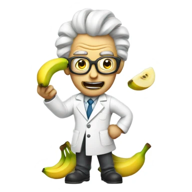Crazy mad scientist with banana sticker