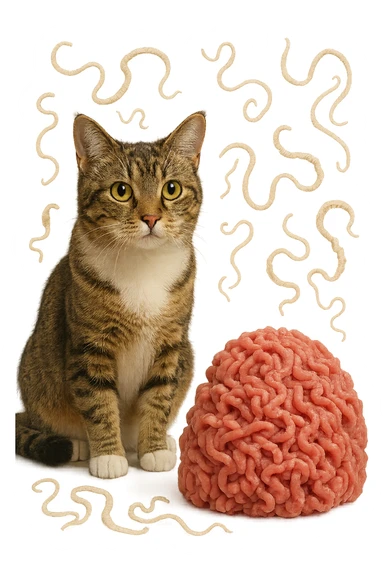 gatto stupendo e macinato di carne poco cotta a montagnetta stanno l'uno accanto all'altro con dei parassiti come la tenia che gli fluttuano intorno, iperrealistica 4k sticker