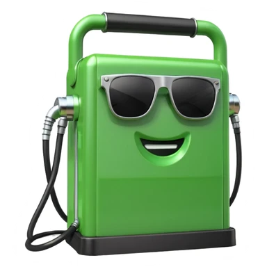 A 3D render of a green rectangular fuel pump as an inanimate object, with black sunglasses placed on its upper front panel. No face, no eyes, no character features, no anthropomorphism. Industrial product style. Clean lighting. Isolated on transparent background. sticker