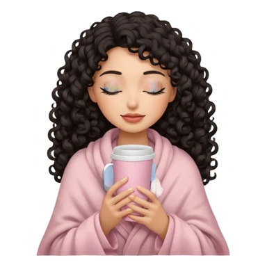 hispanic woman, black long 3b curls, closed eyes, feminine face, holding soft pink coffee cup with beige blanket over shoulders sticker