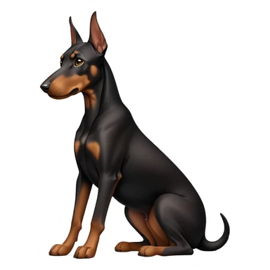 cinematic-[doberman]-realistic-full-body-sitting-emoji,-tail-resting-loosely-beside-its-paws,-head-tilted-dramatically, dooped ears -sleek-[black and tan]-fur,-simplified-yet-realistic-focused-features,-highly-detailed,-glowing-with-an-almost-sarcastic-glow sticker