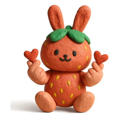 strawberry bunny making finger hearts, claymation style sticker