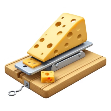 A 3D emoji in iOS emoji aesthetic style of a small mousetrap on a wooden base with a tiny gray mouse approaching a small piece of yellow cheese on it, minimal white background, bright lighting, clean and glossy Apple-style design sticker