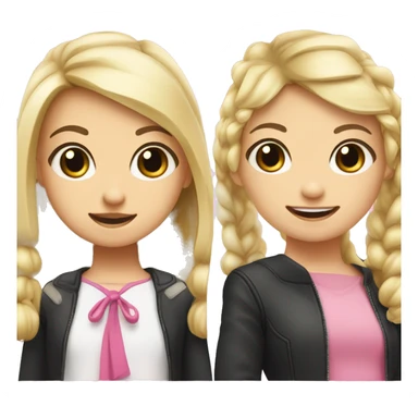 A gap toothed girl with blonde left hair and black right hair split with pigtails that both have two average sized pink bows sticker