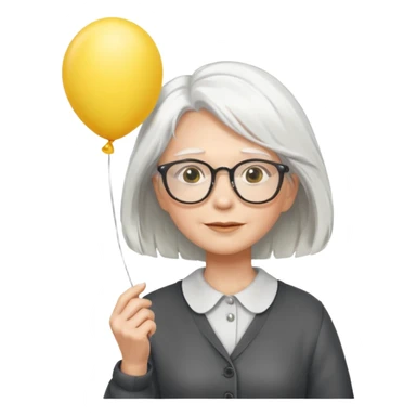 woman with wind white hair and wearing glasses, holding yellow balloon sticker