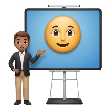 A clean emoji-style illustration of a person giving a presentation, standing next to a large presentation board on a stand, the board is oversized and clearly visible, no podium, no desk, no table, friendly proportions, soft 3D emoji style sticker