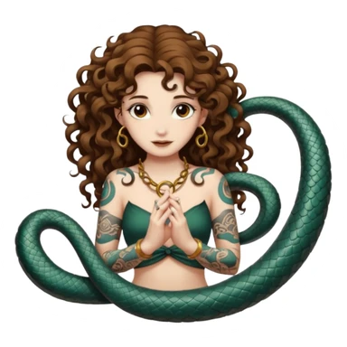 full body woman long curly brown hair brown eyes white skin tattoos ouroboros serpent ring floating behind her like halo sticker