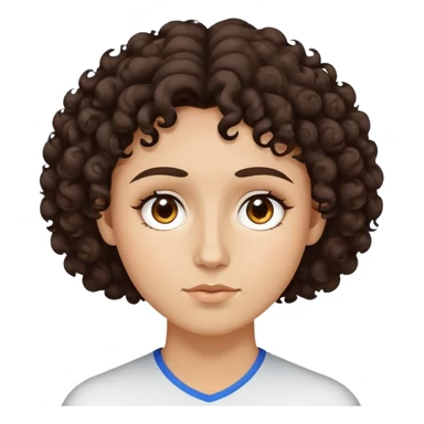 Person with dark brown curly hair that sits on top and goes just onto the top of the forehead, white tan skin with a circular to triangular face shape, brown eyes.  sticker