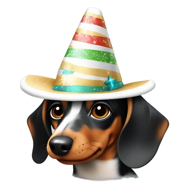tricolor dachshund in a New Year's hat sticker