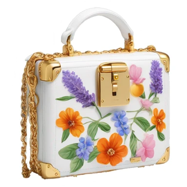 Dolce and Gabbana small white box bag with colourful lavender light blue light green orange pink red summer print and golden detais 2023 sticker