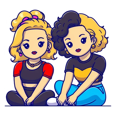 Full body of two teenage girls sitting together, one white with straight blonde hair and one brown-skinned with curly black hair, both with heavy makeup, big lips, crop tops, gold jewelry and flashy choni style outfits sticker