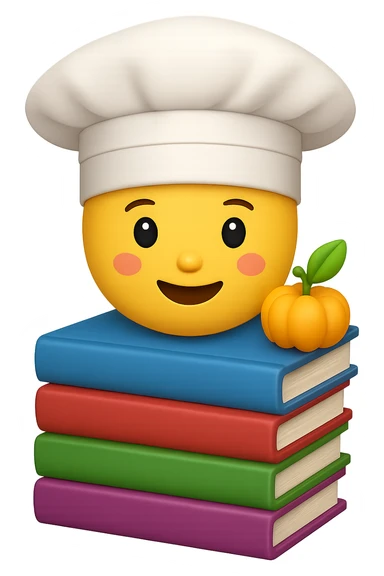 Create an emoji style image of a chef hat on top of a stack of different cookbooks. The style should resemble apple style emojis with clear, concise details and vibrant colors. sticker