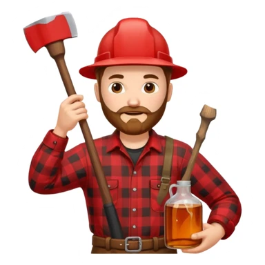I want a Canadian lumberjack wearing a red and black plaid shirt drinking maple syrup out of the maple syrup bottle and holding a axe in the other sticker