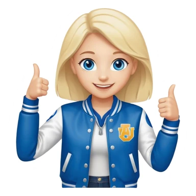 smiling girl in letterman jacket Blue eyes thumb up, Name is Tini, two Little daughters sticker