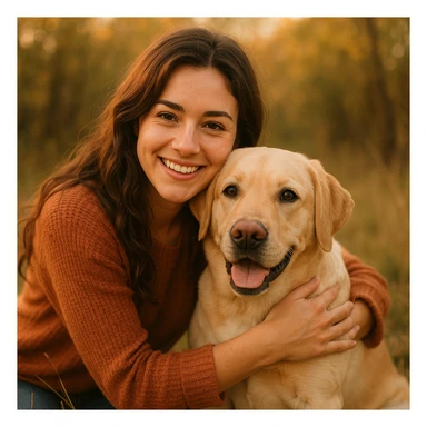 brunette girl with a yellow labrador dog, friendly and warm scene, natural outdoor setting, soft lighting, warm colors sticker