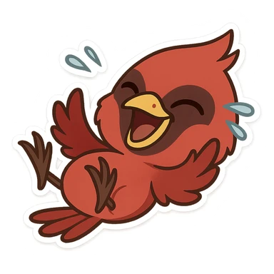 Chibi male red cardinal rolling on his back laughing uncontrollably, wings in the air, eyes squeezed shut, tears flying sticker