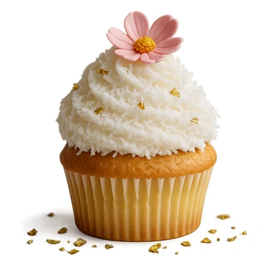 Change the icing to coconut (white, with a slightly textured or shredded coconut appearance), keep the realistic cupcake and accessories, photorealistic style, transparent background. sticker