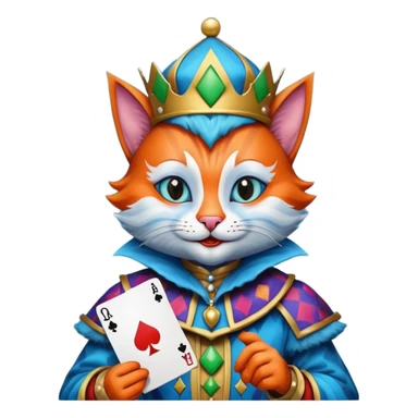 crazy colorful cute little cat jolly joker from poker, medieval, vintage, court jester, mac os icon, blue color, holds a poker card sticker