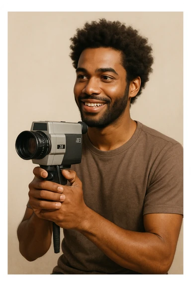 realistic illustration of a person of color holding a Super 8 camera, neutral background, friendly expression, clear detailed camera sticker