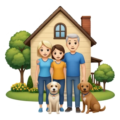 a mom and dad standing in front of a house with their son and a dog next to them sticker