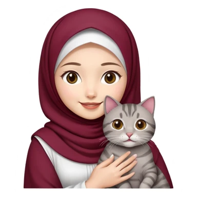 Asian White girl wearing maroon hijab wearing a white dress holding a black grey tabby cat while smiling.  sticker