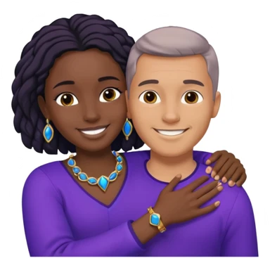 Tan European male wearing blue and smiling and hugging a jet black African girl in purple clothes with blue jewelry sticker