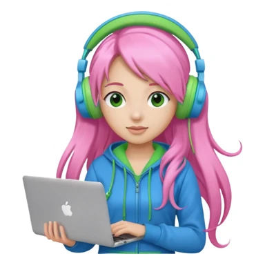 Create an emoji of a woman with long pink twin-tail hair. She is a game streamer, wearing green headphones, holding a MacBook, and dressed in a blue outfit. sticker